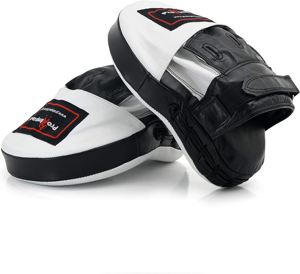 Curved Focus Mitts - Shock Absorbent Training Hand Pads - Ideal for Karate Boxing MMA Muay Thai or Fighting Sports Training Genuine and PU Leather (White Black Genuine Leather)